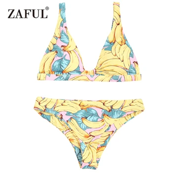 

ZAFUL Bikini Swimwear Women Low Cut Banana Print Bikini Tropical Style Plunging Neck Banana Swimsuit Women Bathing Suit Biquni