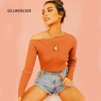 

2019 Women Pullover Top SELLWORLDER slash neck Slim fashion Casual Solid Soft girl's Sweaters