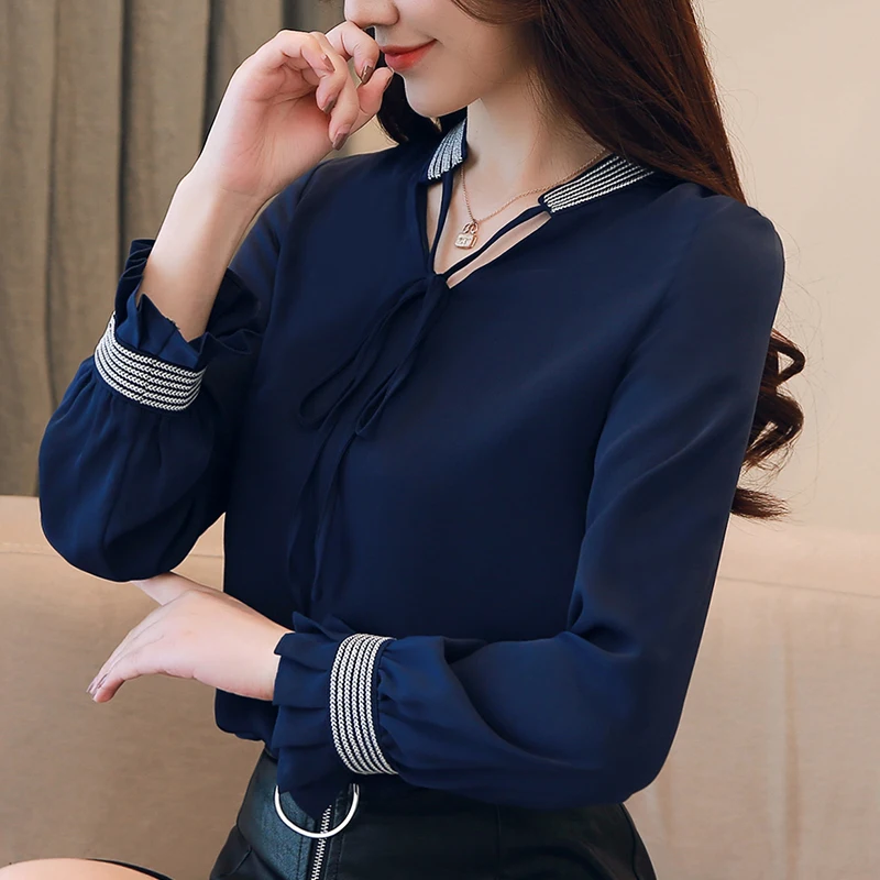 Лоскутная темно-синяя Свободная блуза весна осень 2019 v-образный вырез пуловер шнуровка бант одежда женские оборки Blues Feminina T91607