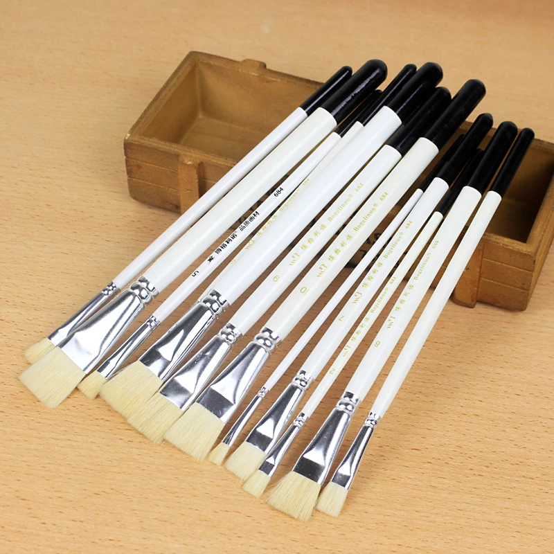 BGLN 12Pcs/Set Wool Flat Brush Gouache Oil Painting Brush Solid Wood