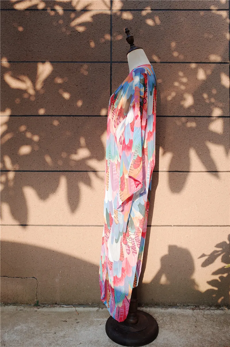 Тропический Принт, цветное шифоновое пляжное Кимоно размера плюс, длинный рукав, открытая спереди, сексуальный прозрачный летний женский свободный кардиган N600