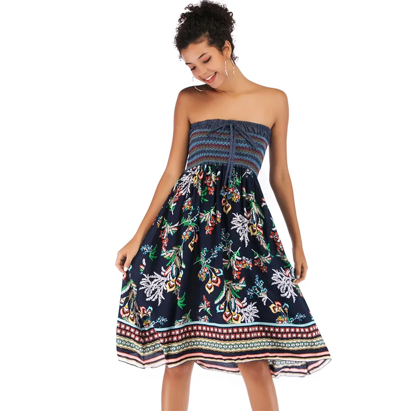 

Elegant Vintage Dress Summer Women Sleeveless Strapless Beach Dress Female Draped Print Sexy Mini Dress 2019 Party Women Dress