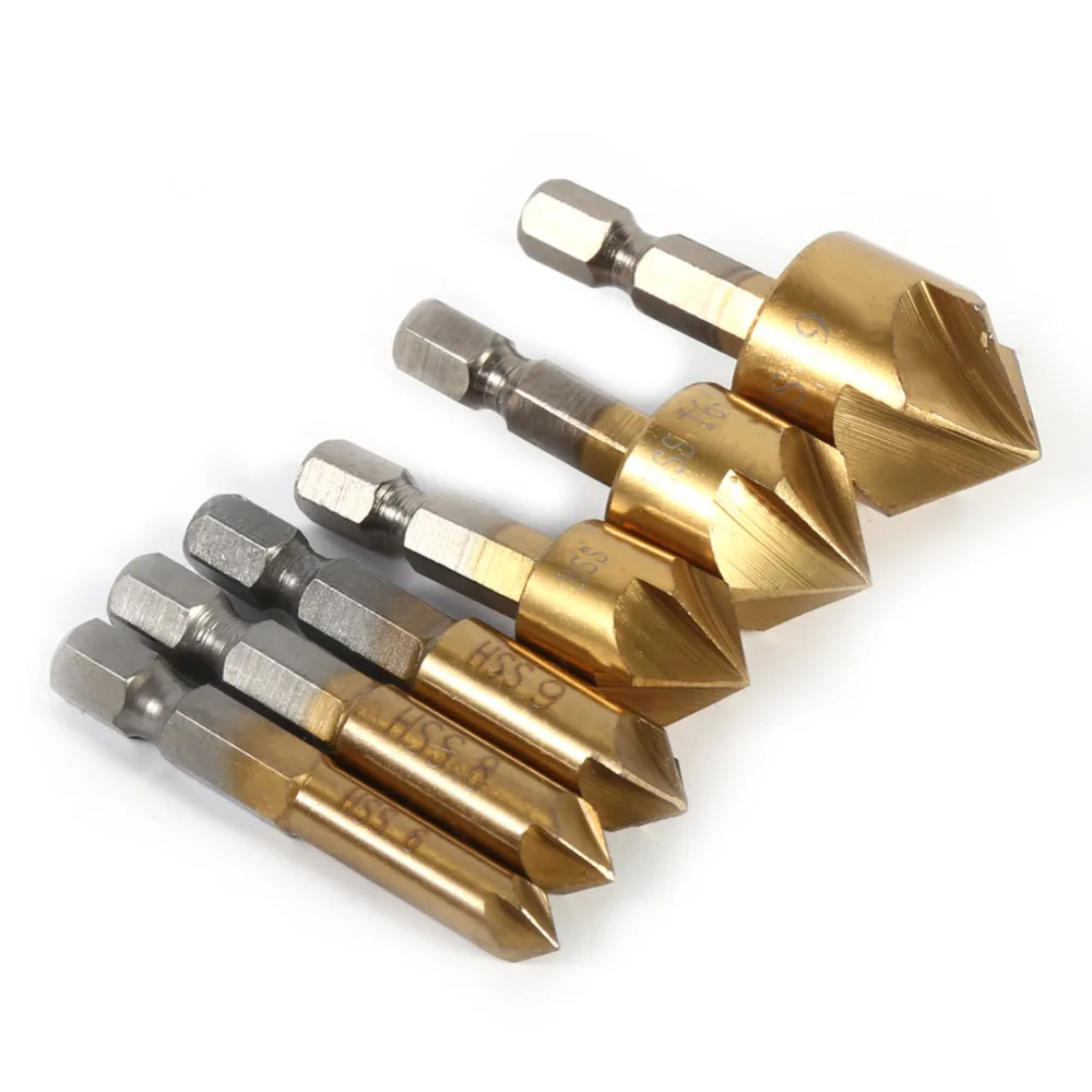 

6Pcs/Set HSS Chamfer Countersink 1/4" Hex Shank 90 Degree Wood Chamfering Cutter 6mm-19mm Woodworking Tools Set Drill Bit Set