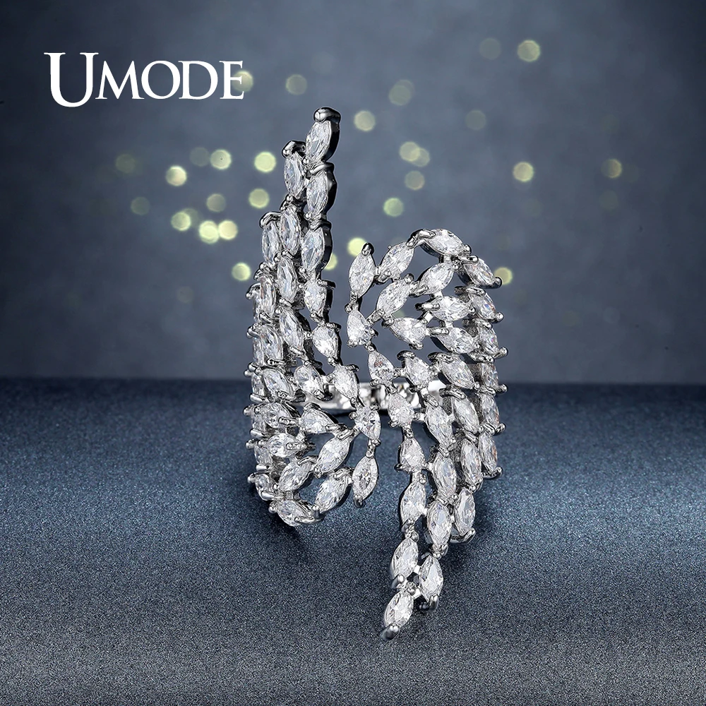 

UMODE Brand Fashion Silver Color Angel Wings Crystal Ring for Women Jewelry Party Cocktail Ring Big Finger Open Anel Gift UR0382