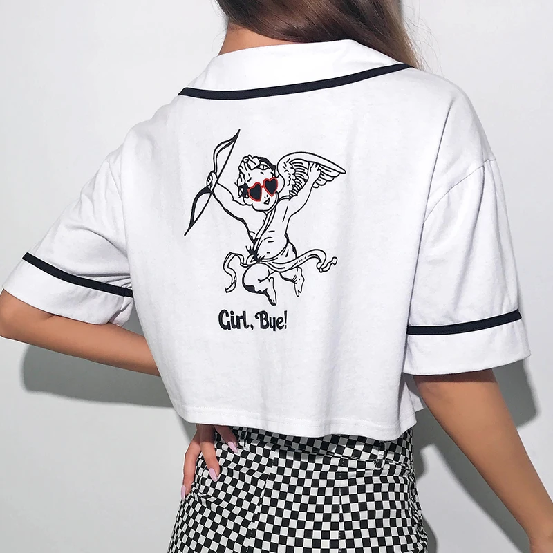 

2019 Loose Cute Angle Print Crop Tops Casual Cotton Short Sleeves T Shirt Women White Korean Crop Top Tees Summer Cuteandpsycho