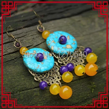 

handmade nature stones vintage dangle bohemian stone earrings green ,New jewelry Chinese ethnic turuoise earrings yellow
