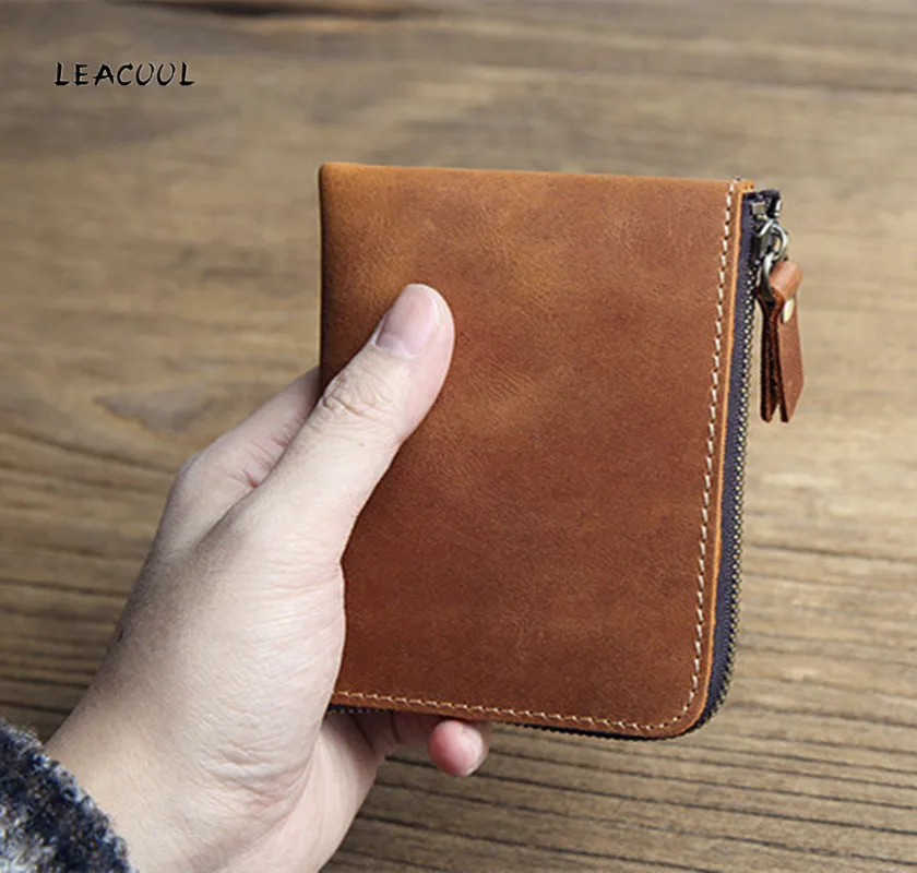 

LEACOOL 100% Genuine Leather Men Purses Coin Purse Man Famous Small Short Portomonee Mini Male Purses Card Holder Wallet