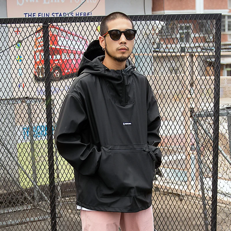 CHINISM Front Pocket PU Hooded Jackets Men Loose Waterproof Hip Hop Streetwear Windbreaker Jacket Stay Wise Printed PU Outwear CHINISM Front Pocket PU Hooded Jackets Men Loose Waterproof Hip Hop Streetwear Windbreaker Jacket Stay Wise Printed PU Outwear