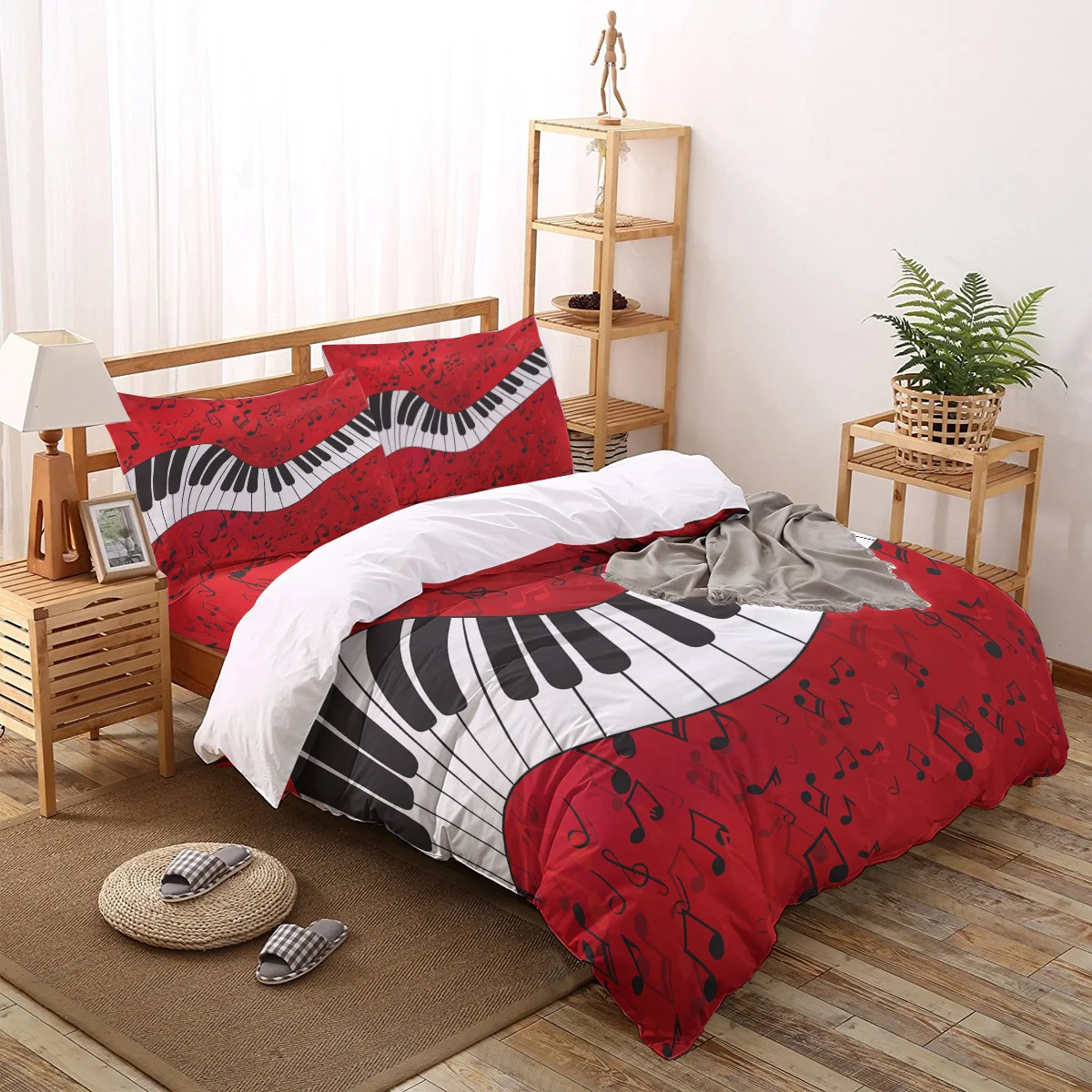 Piano Music Note Red Background Quilt Cover Bedding Comforter Sets