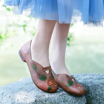 

women 2019 genuine leather low flats heel slip on driving flower shoes female spadrilles moccasins toe loafers espadrillas 0622
