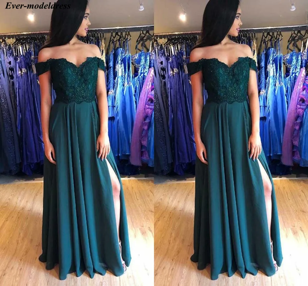 

Off Shoulder Evening Dresses Sexy Side Split Lace Appliques Lace Up Back Floor Length Long Prom Gowns Robe De Soiree 2019 Cheap