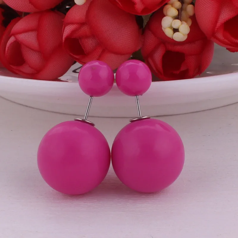 Btuamb, простой стиль, Двухсторонние серьги-шарики с большими бусинами, яркие цвета, двойные жемчужные серьги-гвоздики для женщин, ювелирные изделия, бижутерия - Окраска металла: Rose Red
