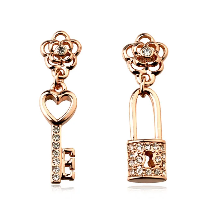 free shipping gold color key and lock shape crstal stud earrings