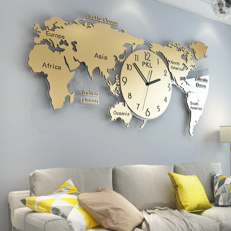World Map Large Wall Clock Modern Design 3D Stickers Hanging Clocks