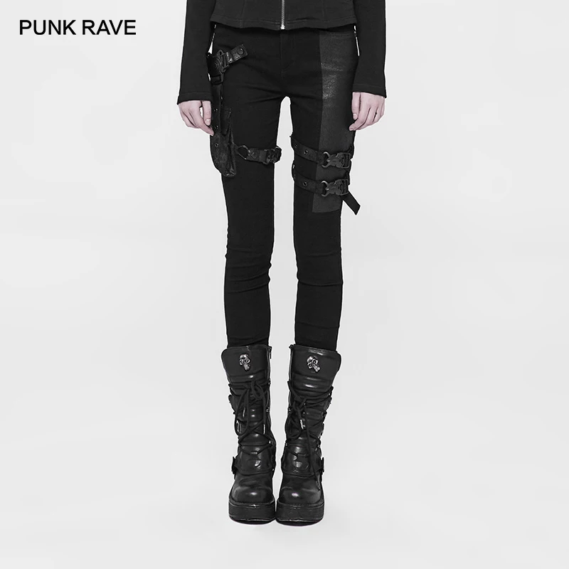 

PUNK RAVE Futuristic Movie Woman Warrior Punk Pants Leather Pocket Black Tight Trousers Party Casual Women Pants Visual Kei