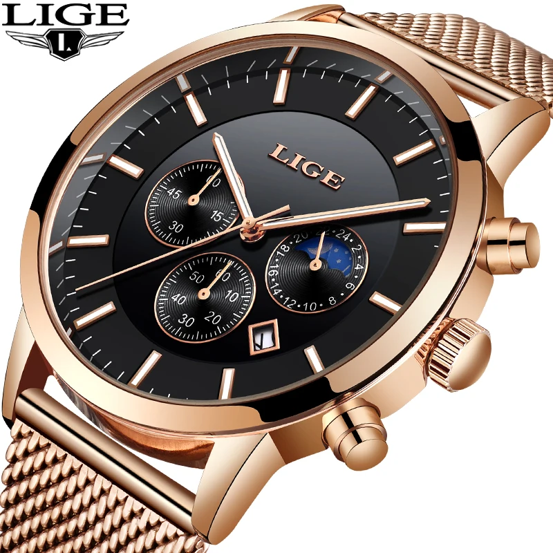

LIGE New Watch Men Casual Grid All Steel Strap Male Automatic Date Waterproof Sport Quartz Wristwatch Men Luxury Chronograph+Box