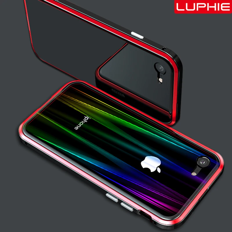 LUPHIE красочный лазерный чехол Aurora для iPhone X XS 8 7 Plus роскошный чехол s Прозрачная Стеклянная задняя крышка для iPhone 8 7 Plus металлический бампер