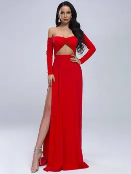 

Celebrity Party Dress Top Quality Elegant Sexy Red Slash Neck Hollow Out Night CLub Slit Women Long Dresses