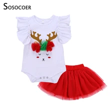 SOSOCOER Рождество Детская одежда для малышки лето мультфильм ползунки+ красная кружевная юбка 2 шт. младенческой комплекты одежды для девочек детская одежда