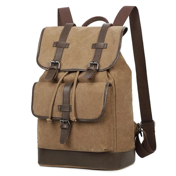 

New canvas with leather shoulder bag solid color drawstring laptop bag large capacity vertical travel bag retro men's backpack