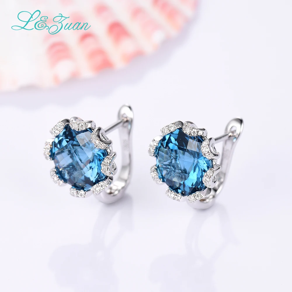 

L&zuan 925 Sterling Silver 7.7ct Natural Topaz Blue Stone Elegant Clip Earrings For Woman Gift