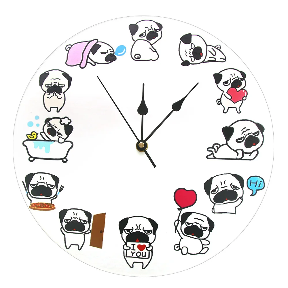 Cute Pug Wall Clock Pug Pet Animal Dog Nursery Wall Room Decor Puppy Wall Hanging Clocks Watches Unique Gifts Idea For Her Him