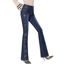Синие женские джинсы с вышивкой и высокой талией,, расклешенные обтягивающие джинсы, женские облегающие джинсы с карманами s, женские джинсы, брюки размера плюс, брюки 34