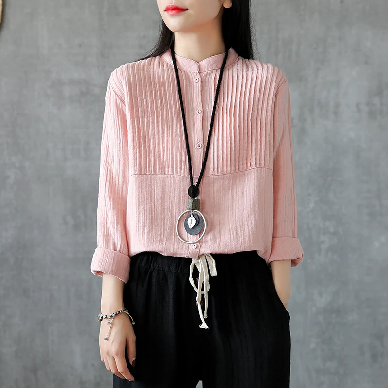 

2019 new spring women Japan style Retro solid color cotton shirt female stand collar long sleeve tops loose blouse