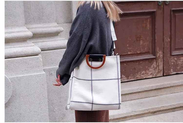 MJ Women Plaid Canvas Tote Casual Beach Bags Big Capacity Women Shopping Bag Daily Use Canvas Handbag Cotton Linen Shoulder Bag (17)