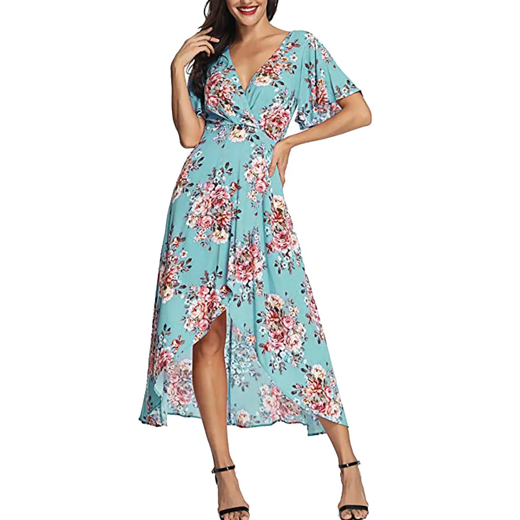 TELOTUNY Ladies Dress Women Summer V Neck Short Sleeve Floral Print Beach Party Wedding Long Dress Women Dress Fashion Hot Jan22