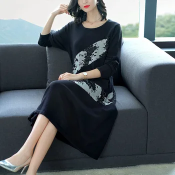 

2018 autumn new print thin knit ladies elegant temperament loose slim dress
