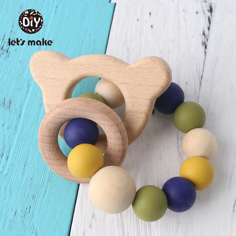 

1pc Baby Rattle Teethers Cartoon Beech Wood BPA Free Silicone Beads Baby Shower Gift Rattle Stroller Teething Ring Let's Make