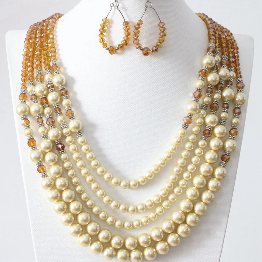 Champagne simulated-pearl shell glass beads high quality 5 rows necklace earrings for weddings party gifts jewelry set B983-18