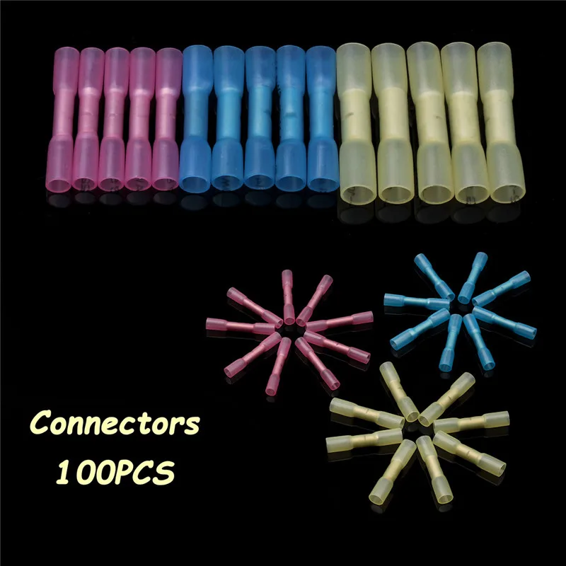 

100pcs 3Sizes Fully Insulated Butt Connectors Electrical Wire Cable Crimp Splice Terminal Connector 3Colors 22-10AWG Kit