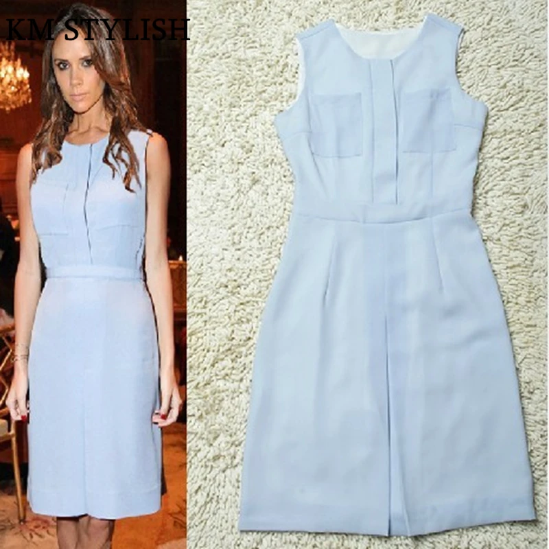 

[SALE] New summer 2018 fashion star Beckhams Victoria Slim O-neck Blue Chiffon Dress Sleeveless