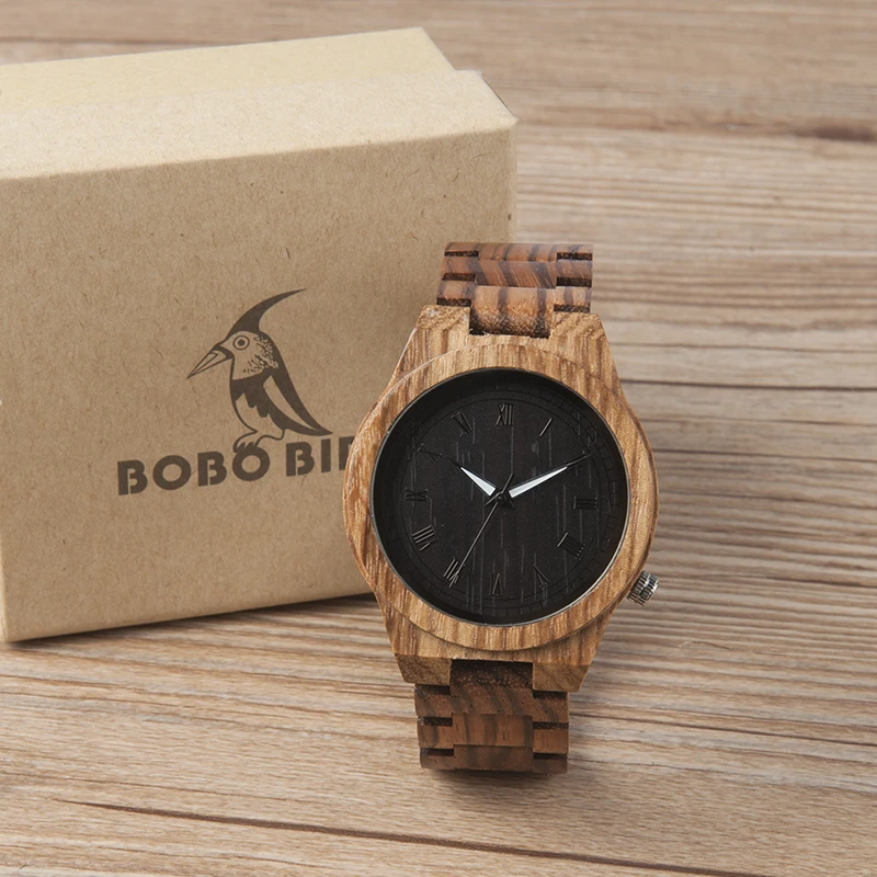 BOBO BIRD Mens Watch Zebra Wood Quartz Watch with Luminous Hands Full Wood Band in Gift Box custom logo saat erkek relojes