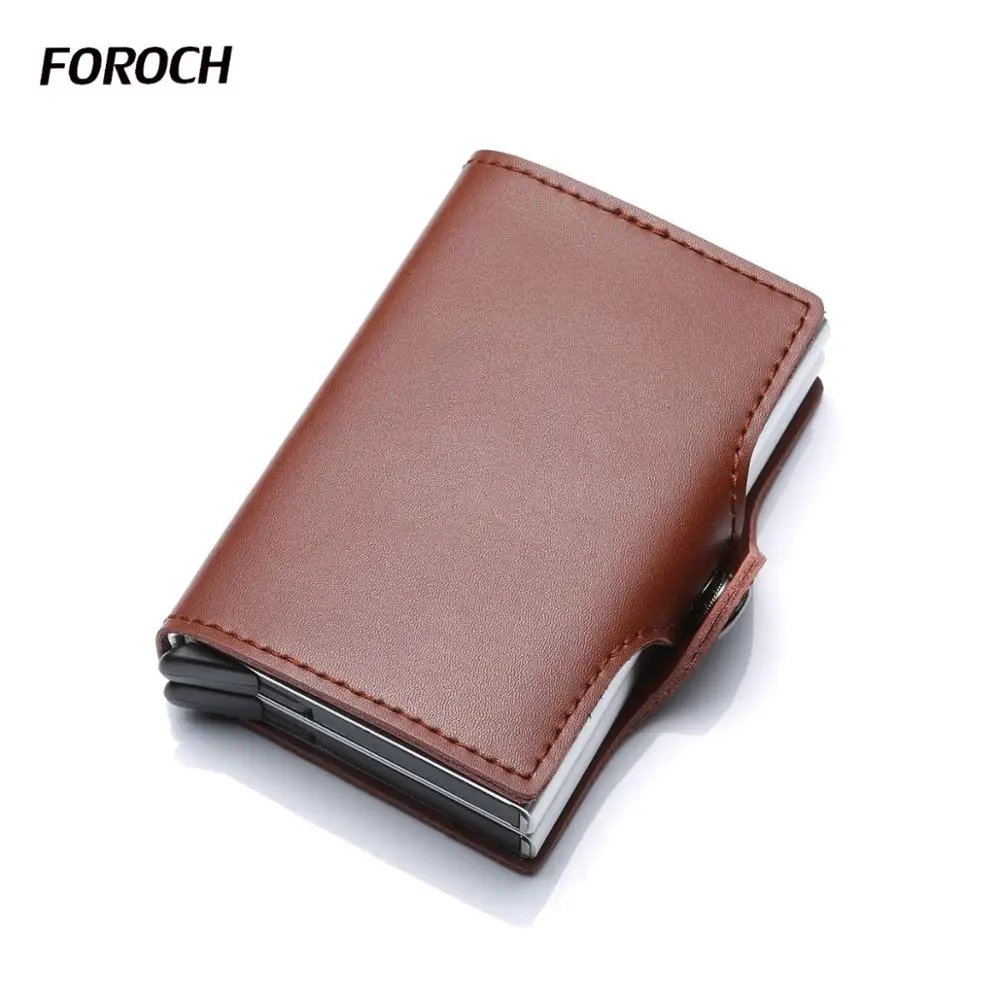 FOROCH Rfid Мини кожаные мужские кошельки винтажные тонкие мужские Волшебные металлические кошельки маленький кошелек держатель для карт Двойные деньги сумка 657 - Цвет: brown