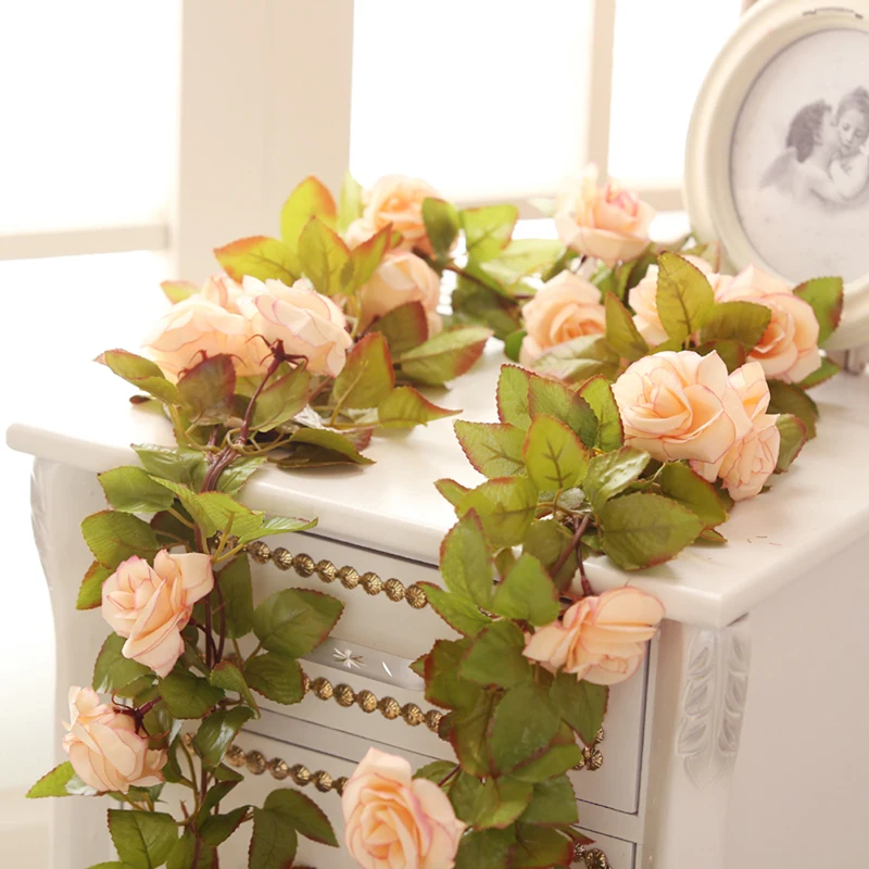 Silk Artificial Flowers Rose 2PCS Fake Flowers Vine with Green Leaves for Weeding Home Garden