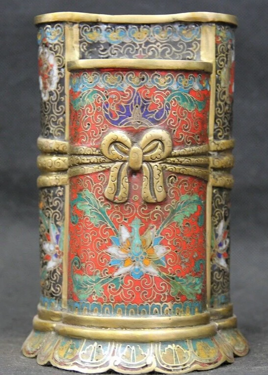 

Elegant old S1754 7 Chinese Cloisonne Enamel Bronze flower dragon Brush Pot pencil vase Marked statue
