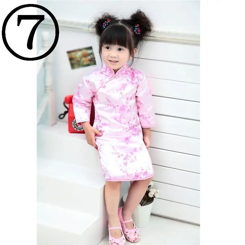 Plum Baby Girls Dress Chinese Qipao Clothes Sleeved Festival Party Children Dresses Kids Chi-pao Cheongsam 2 4 6 8 10 12 14 16 Y