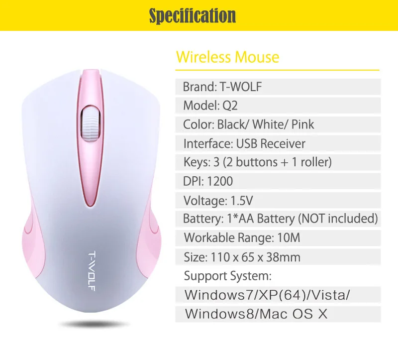 T-WOLF Q2 оптическая беспроводная мышь портативная эргономичная мышь USB приемник 2,4 ГГц 10 м Диапазон для ПК компьютер/ноутбук/настольный компьютер/ноутбук