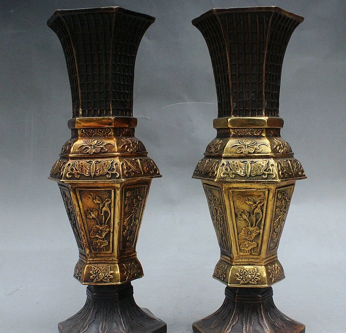 

11" China Royal FengShui Bronze Gilt Plum Orchid Bamboo Flower Bottle Vase Pair