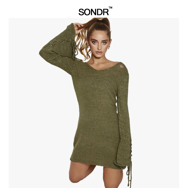 

SONDR 2019 Spring Summer Ripped lace long knit dress v-neck horn sleeve temperament commuter dress knit Mini dress Fashion New
