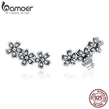 BAMOER Fashion 925 Sterling Silver Stackable Daisy Flower Clear CZ Stud Earrings for Women Sterling Silver Jewelry Gift SCE419
