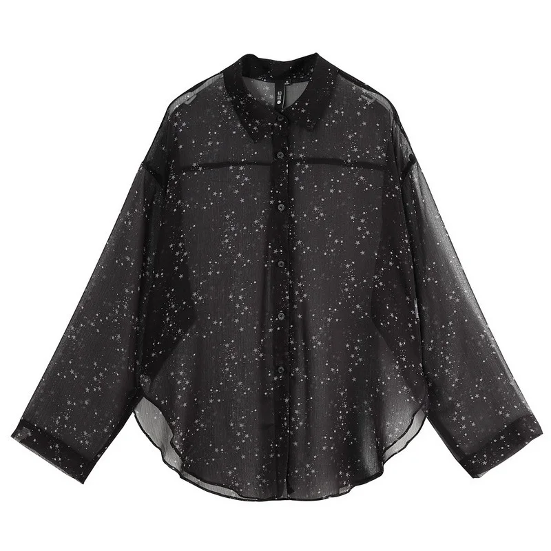 Toyouth, женские блузки, прозрачные, со звездами, со стоячим воротником, с длинным рукавом, прозрачная шифоновая блузка, рубашка, женские топы, футболка - Цвет: Black