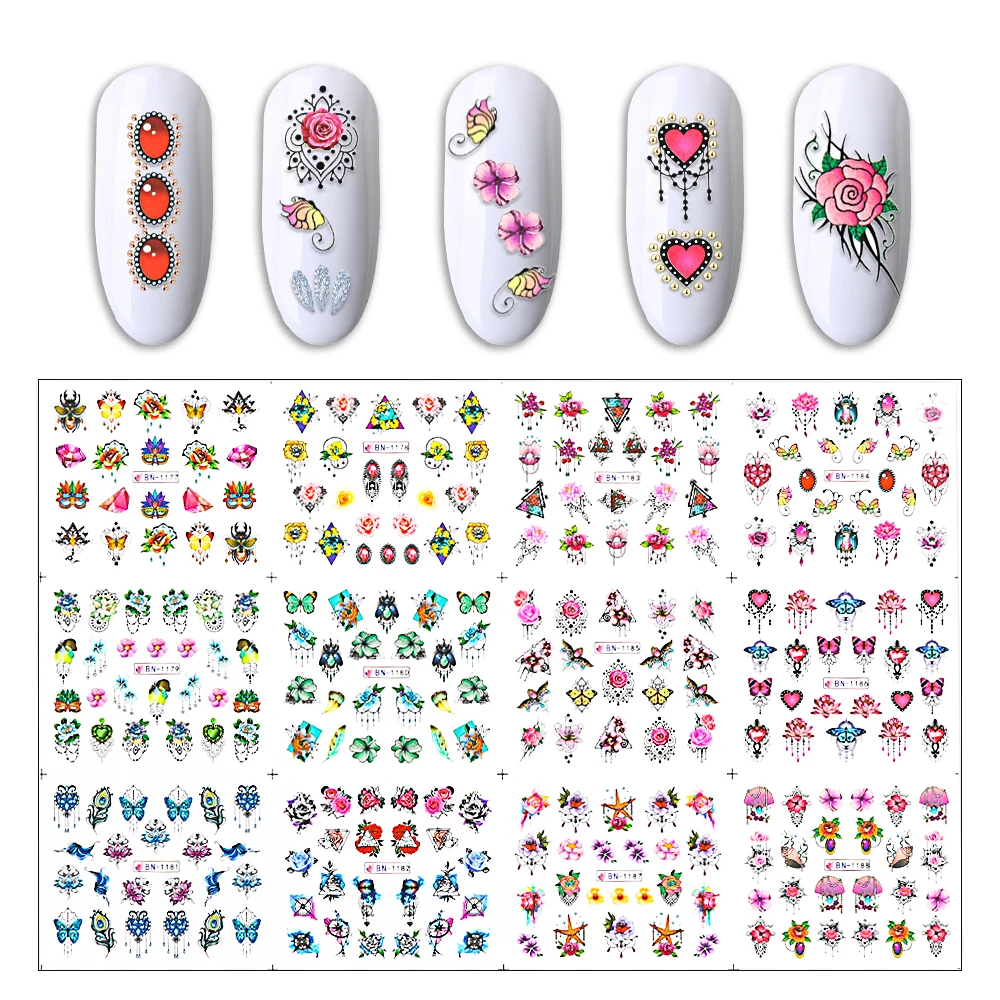 12 типов Водные Наклейки Красочные Цветочные украшения для ногтей роза оболочки слайдер DIY наклейки для ногтей временные татуировки наклейки для ногтей Декор
