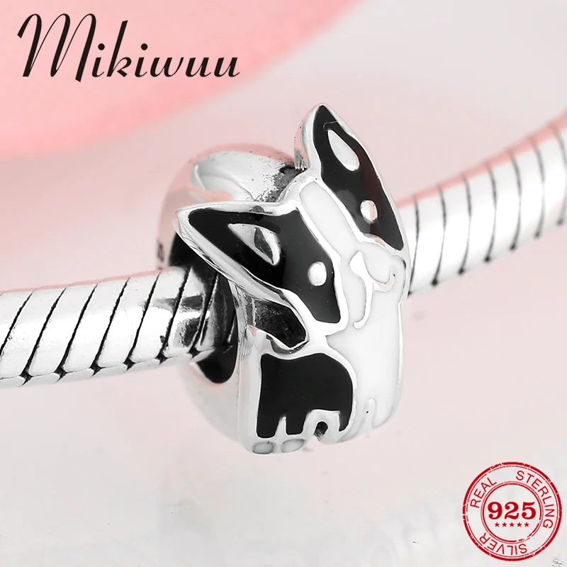 

925 Sterling Silver cute Bulldog Black and White Enamel Stopper spacer bead Jewelry making fit Original Pandora Charms Bracelet