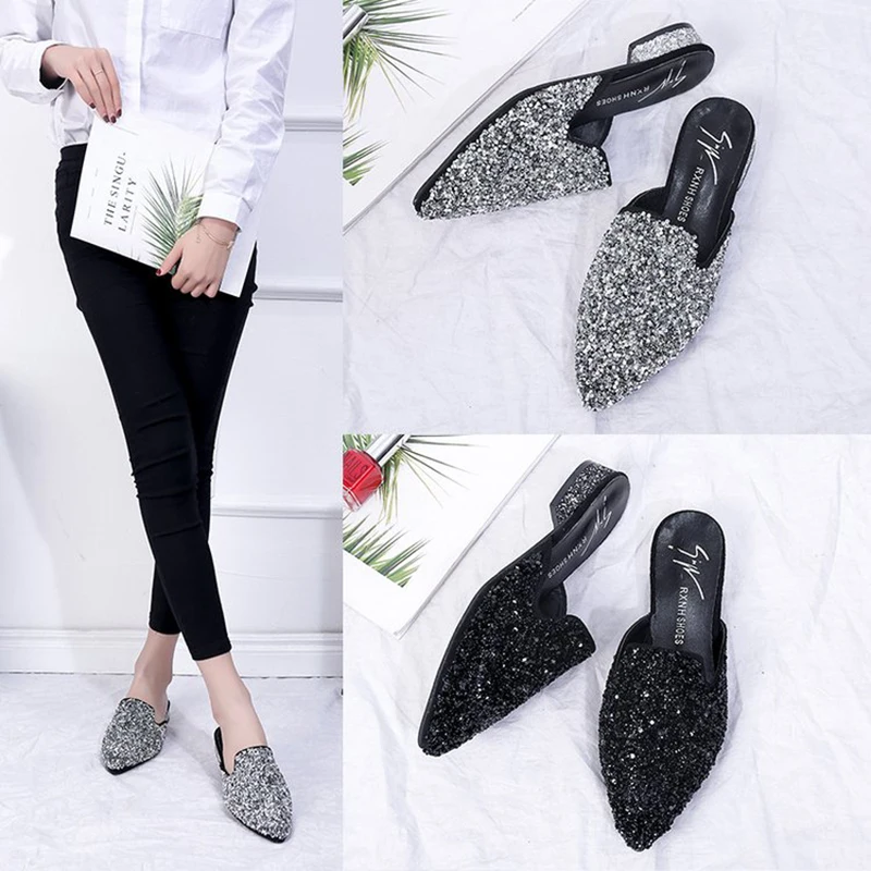 

silver crystal slippers women pointed toe bling bling rhinestone mules shoes european famous brand design square heel slides
