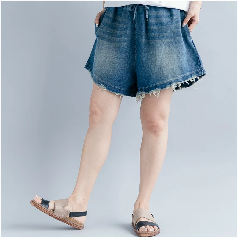 AIYANGA Новый 2018 летние женские Джинсовые шорты широкие шорты плюс Размеры свободные джинсы с эластичной резинкой на талии модные женские