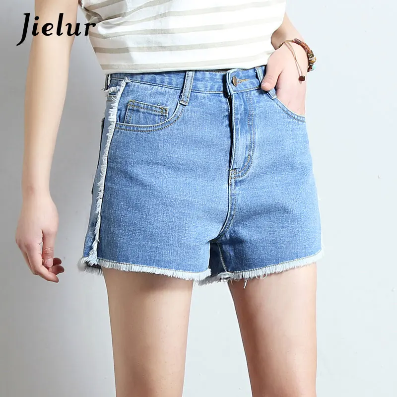 Light blue Jielur/ новые свободные прямые тонкие женские короткие джинсы корейские универсальные шорты с кисточками и карманами повседневные Простые уникальные джинсы s-xl - Цвет: Light blue